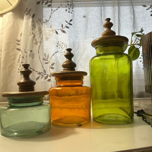 Set of Three Colorful Glass Jars with Wooden Lids - Picture 1 of 16